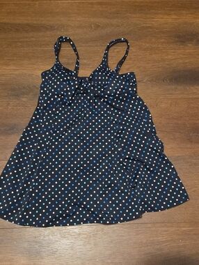 Croft and Barrow Black Polka Dot Swim suit with Blue and White Dots size 14